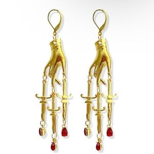 Gold Hand Earrings with Red Accents
